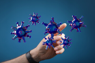 Conceptual 3D rendering of coronavirus particles. Hand interacting with abstract digital models of virus. Heal