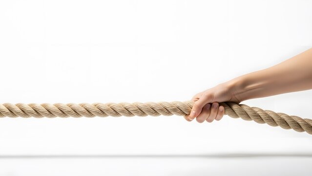 Hand firmly gripping thick natural fiber rope pulling against white backdrop