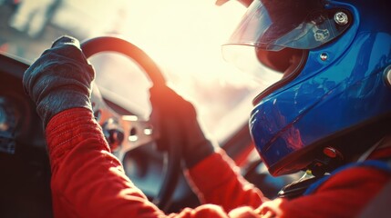 Naklejka premium racer in red suit and blue helmet gripping a steering wheel