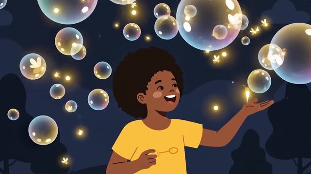 Young Boy Creates Bubbles With Fireflies Around Him In A Dark Night Cartoon Style