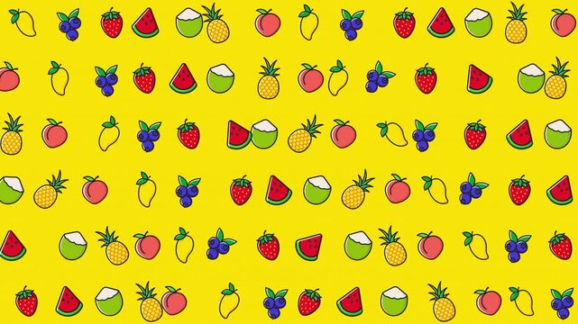 Bright and vibrant fruit pattern on a yellow background. Ideal for food or summerthemed designs, packaging, or social media content.