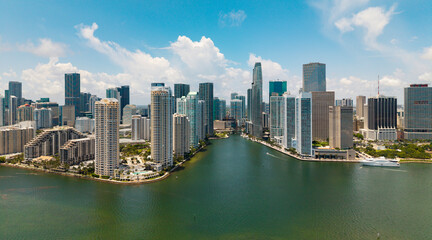 Fototapeta premium Aerial view of Brickell skyline. Panoramic cityscape of Brickell Miami. Skyscrapers of Brickell. Scenic view of the Brickells financial district. Brickell in Miami Beach. Iconic business towers.
