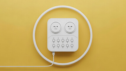 White electronic device with two circular buttons and a grid of smaller buttons on a yellow background with a white cord