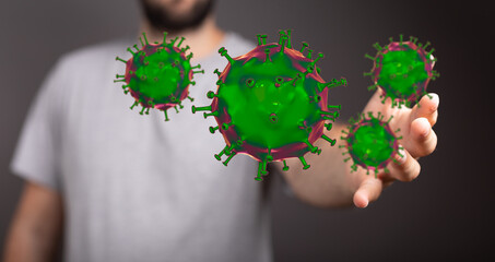 Image of a man reaching out his hand towards floating coronavirus cells, symbolic of healthcare, spread of dis