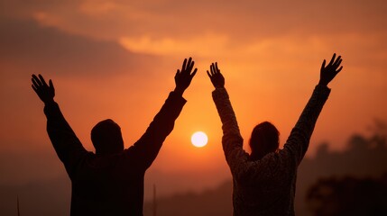 Fototapeta premium Couple reaches for the sun Exploration and travel Sunset prayer trust in God duo lifts hands to bright sky Faith and collaboration Friends working together