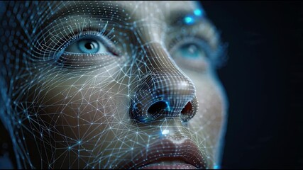 Digital Human Face Wireframe Overlay with Blue Neural Network Lights - Powered by Adobe
