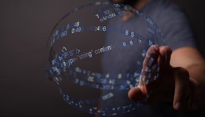 Abstract image of a hand interacting with a sphere of digital code, representing technology, internet, and data. Suitable for IT, cyb
