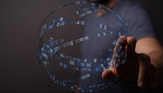 Abstract image of a hand interacting with a sphere of digital code, representing technology, internet, and data. Suitable for IT, cyb - Powered by Adobe