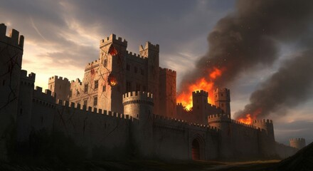 Fototapeta premium Dramatic Scene of a Stone Castle Under Siege with Raging Fire and Heavy Black Smoke