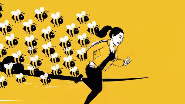 Woman Running Away From Swarm Of Bees Comic Style Illustration On Yellow Background