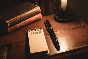 calendar page turning from 2025 to 2026, New Year calendar concept. desk calendar flip page for new year celebration . old book and pen