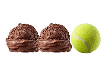 Chocolate ice cream scoops and tennis ball, summer still life on white