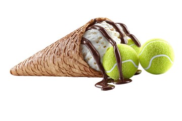 Waffle cone with vanilla ice cream and tennis balls, chocolate drizzle