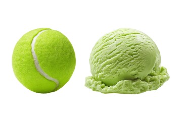 Tennis ball beside green ice cream scoop, minimal still life on white