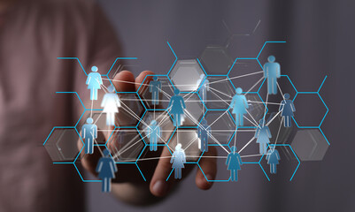 Concept of global network or social connection with hand holding digital people on tech hexagon design, connect