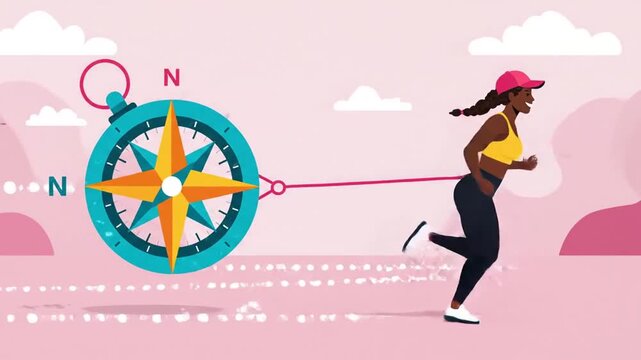 Woman Running While Tethered To Compass For Guidance And Navigation Metaphor Animation