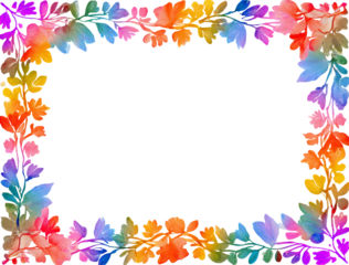 Watercolor frame, floral border, rainbow leaf, colorful wreath joyful greeting card design