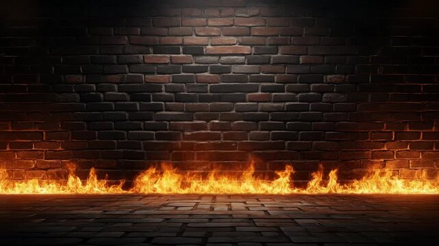 Wide row of bright orange flames burning along the base of a dark brick wall on a stone floor fire heat