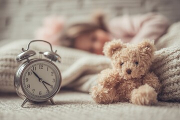 Young girl with a teddy bear wakes up in bed by an alarm clock on the bedside table