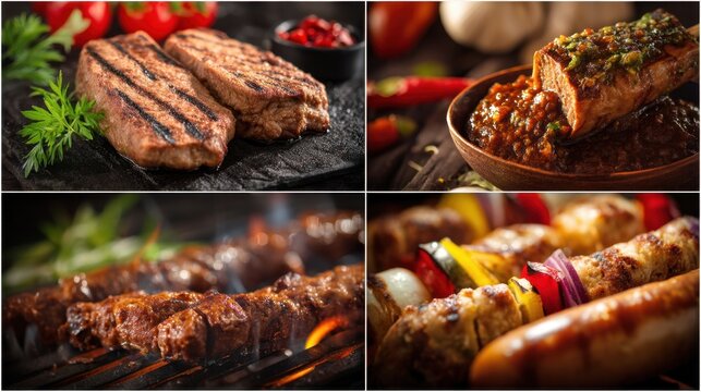 Meat is grilled on a barbecue while different cuts are displayed including seasoned steak and skewers with vegetables creating tasty options for the gathering.