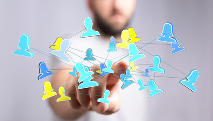 Person touching interconnected network of human icons, representing networking, communication, teamwork, and global connectivity. Perfect for bu