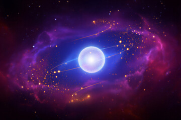 A luminous celestial body emitting light surrounded by swirling nebulae and glowing particulate matter in deep space transparent background