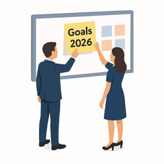 Business people stick 2026 targets on the board