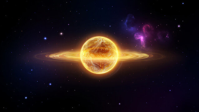 Glowing yellow planet with orange rings orbiting in a deep space star field with nebula transparent background