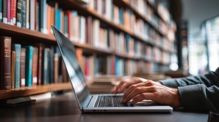 Individual sits at a table in a library focusing on typing on a laptop with rows of books on shelves in the background. The setting shows a busy but organized environment.