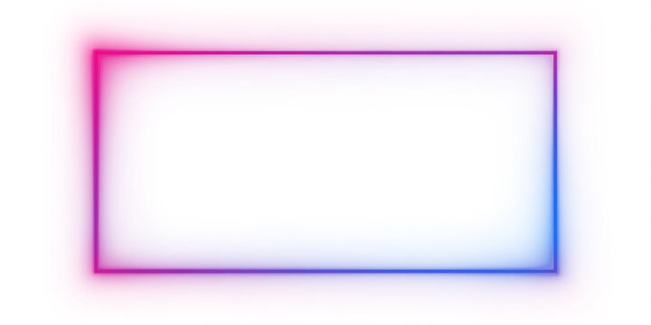 Square, rectangle purple and blue neon electric frame showing glowing borders, PNG. Futuristic illumination reveals precise outline and clear form. Gradient light creates subtle depth around the frame