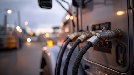 Obraz premium Close up of industrial truck refueling hoses connected at dusk with blurred background lights