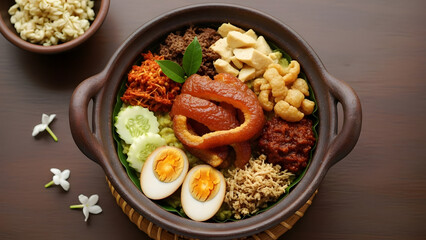 A traditional Korean bibimbap dish served in a hot stone bowl with various toppings and ingredients