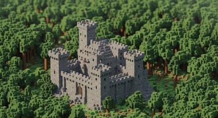 High Angle View of a Medieval Voxel Style Castle Built Deep Inside a Blocky Forest