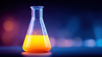 A brightly illuminated flask filled with vibrant yellow liquid against a blurred background.