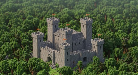 Detailed Voxel Illustration of a Fortified Medieval Citadel with Multiple Stone Towers