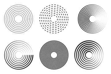 Radar icons, sonar waves, radial concentric signal circles, echo sounder symbols. Vector linear black and white and halftone illustration isolated on a transparent background.