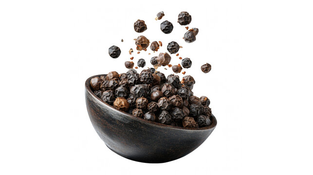 Whole black peppercorns spilling from a dark bowl