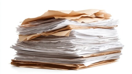A large pile of papers sits on a desk in an office. The stack includes various sheets of white and brown paper. It is morning and people are at work.
