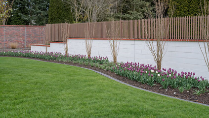 Beautiful garden with blooming tulips and manicured lawn in spring