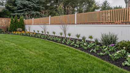 Beautifully manicured garden with blooming tulips and a modern wooden fence