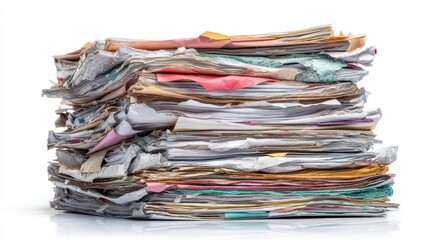 A pile of disorganized papers rests on a surface. Various sheets in different colors and sizes overlap. This scene reflects the busyness of an office during work hours.