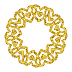 Golden Glitter Heart Circle Ring. Valentine's Day decorative round border isolated on transparent background
