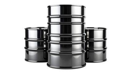 Three shiny metal barrels for industrial storage and commercial chemical applications