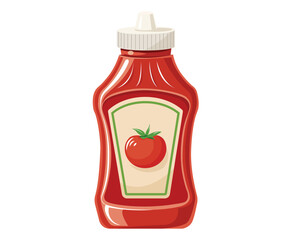 Illustration of a red plastic ketchup bottle with a tomato label