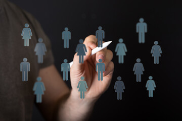 Hand drawing and pointing at social network or human resources concept. Digital networking, community and conne