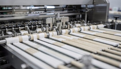 Medium angle view of cigarette filter assembly line featuring paper wrap variations and synchronized machinery ensuring filter and rod alignment before cutting.