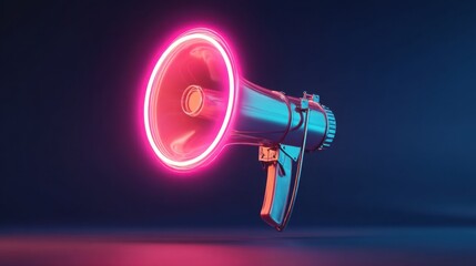 A megaphone sits on a dark background illuminated by bright neon lights. This device is commonly used for making announcements at events gatherings or rallies.