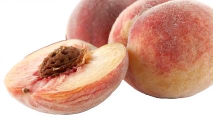 Fresh Ripe Peach with Sliced Half Showing Pit Isolated on White Background