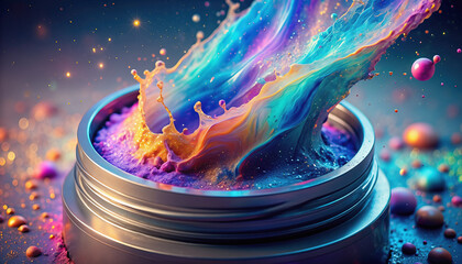 Vibrant Paint Splash Emerging From Metal Jar.