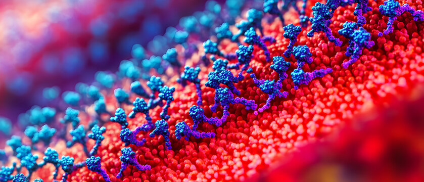 Vibrant microscopic view of molecular structure with blue and red particles - Powered by Adobe